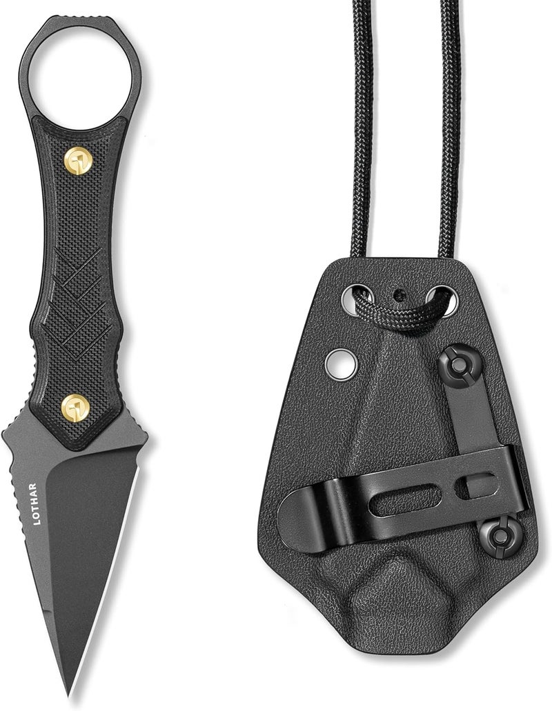 LOTHAR PORCUPINE Small Fixed Blade Knife, 2.46" 14C28N Neck Knife, EDC Knife with G10 Handle and Kydex Sheath, Knife Necklace Horizontal Carry Knife, Survival Knife for Men Women (black) - Image 1